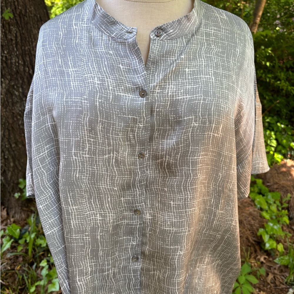 Eileen Fisher Gray Relaxed Fit Blouse with Textured Fabric